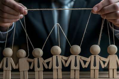 Puppenspieler im Anzug mit Holzpuppen